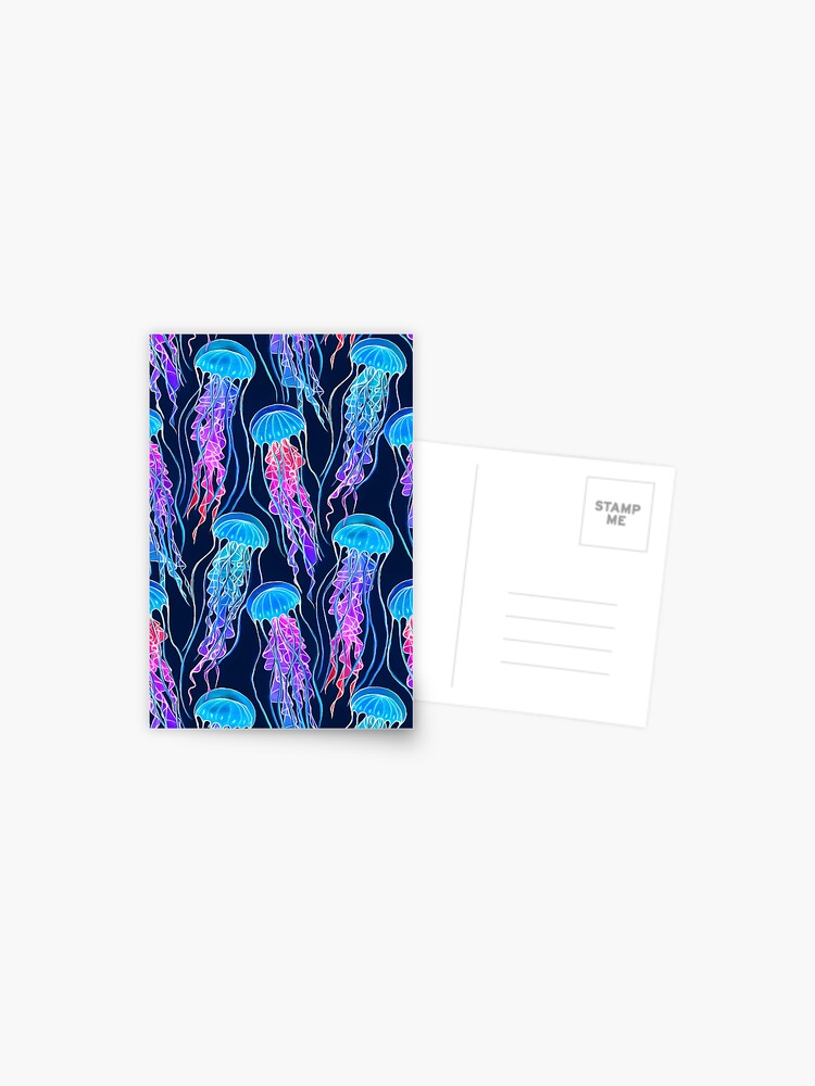 Thumbnail 1 of 2, Postcard, Luminescent Rainbow Jellyfish on Navy Blue designed and sold by micklyn.