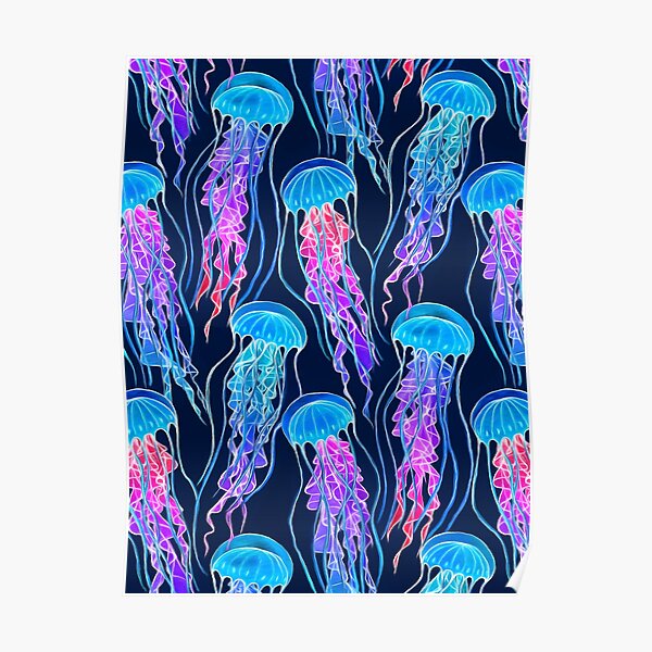 Luminescent Rainbow Jellyfish on Navy Blue Poster