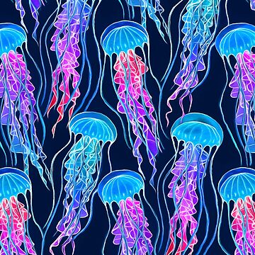 Artwork thumbnail, Luminescent Rainbow Jellyfish on Navy Blue by micklyn