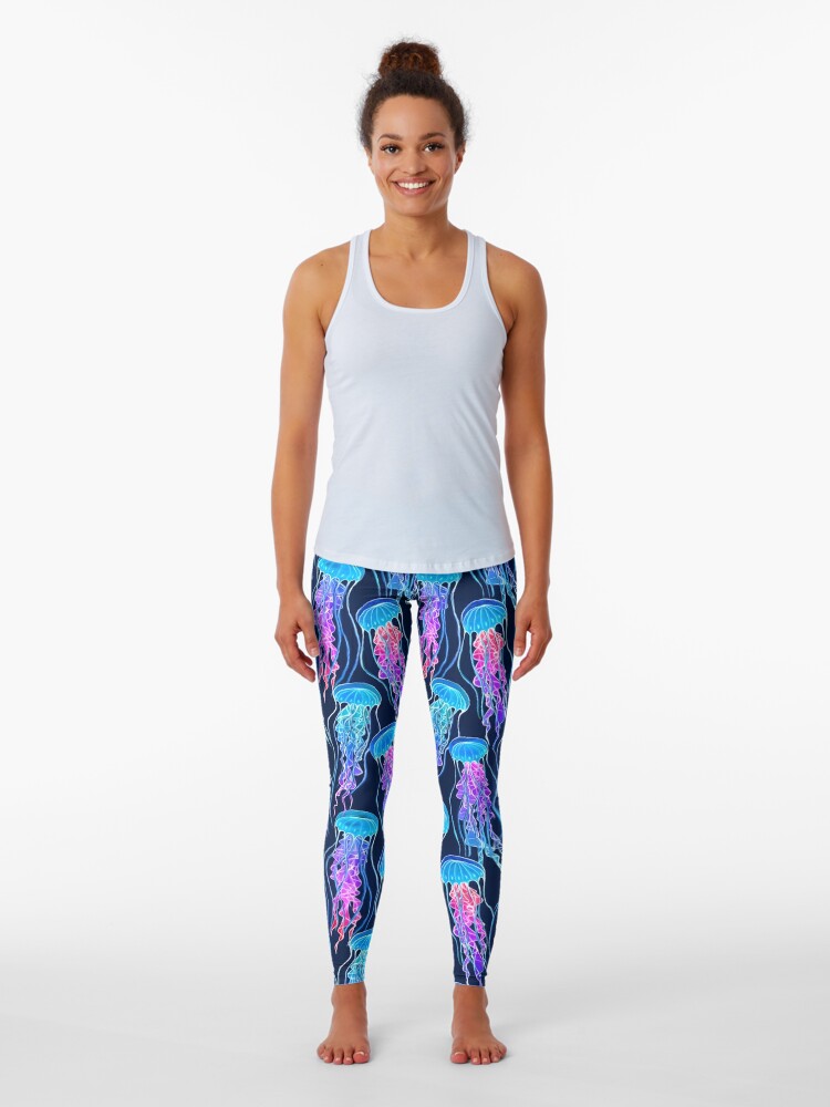 Luminescent Rainbow Jellyfish on Navy Blue Leggings for Sale by
