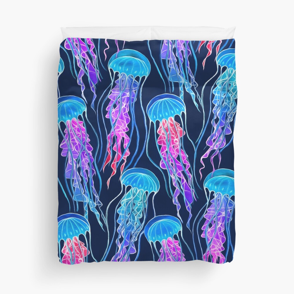 Luminescent Rainbow Jellyfish on Navy Blue Duvet Cover