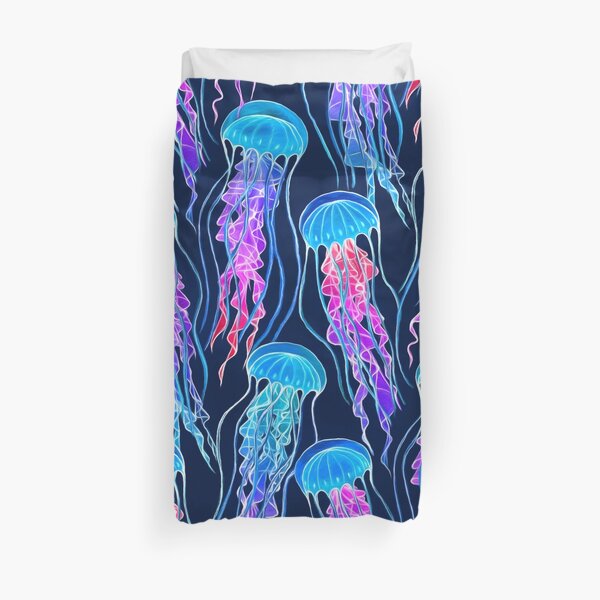 Luminescent Rainbow Jellyfish on Navy Blue Duvet Cover