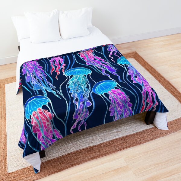 Luminescent Rainbow Jellyfish on Navy Blue Comforter