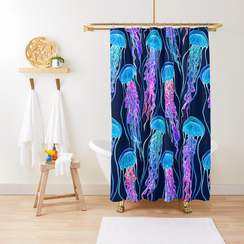 Discover Luminescent Rainbow Jellyfish On Navy Blue Shower Curtain