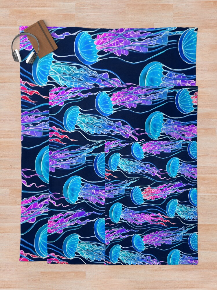 Alternate view of Luminescent Rainbow Jellyfish on Navy Blue Throw Blanket