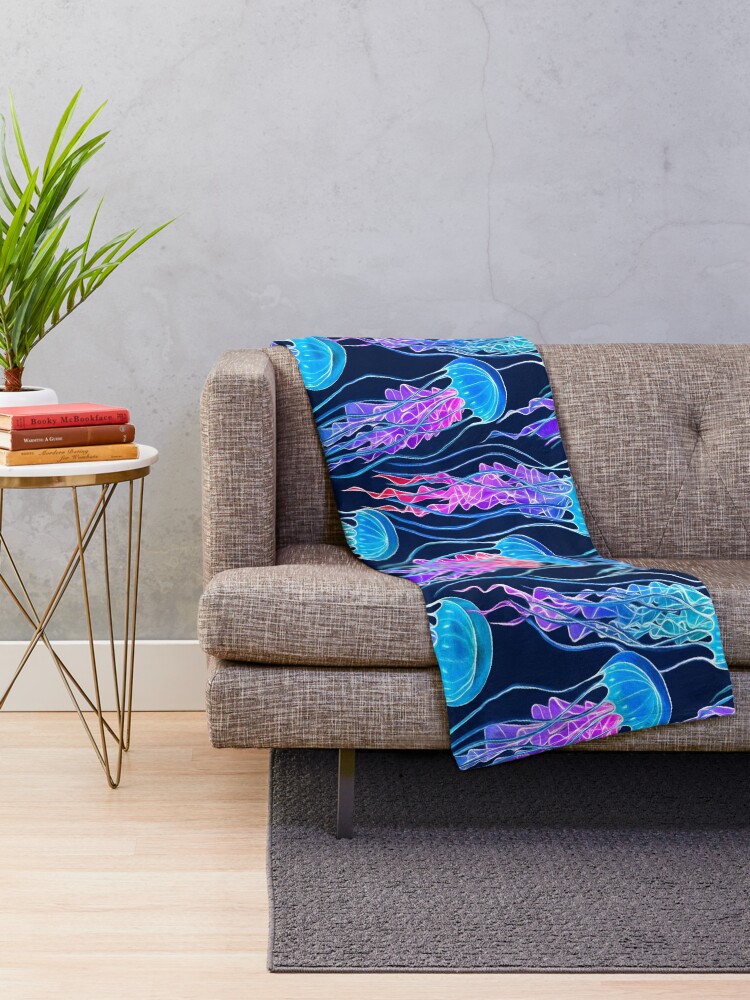 Alternate view of Luminescent Rainbow Jellyfish on Navy Blue Throw Blanket