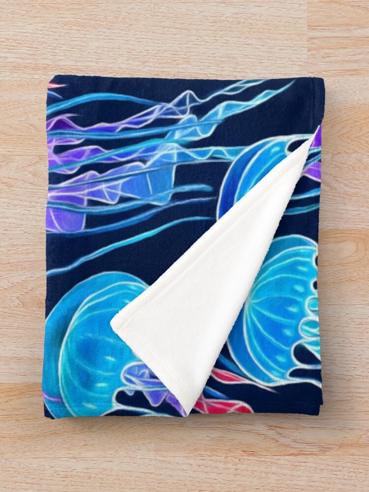 Alternate view of Luminescent Rainbow Jellyfish on Navy Blue Throw Blanket