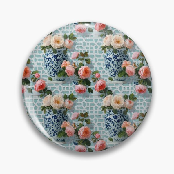 Item preview, Grandmillennial Tea roses and ginger jars on chinoiserie lattice designed and sold by SophieClimaArt.