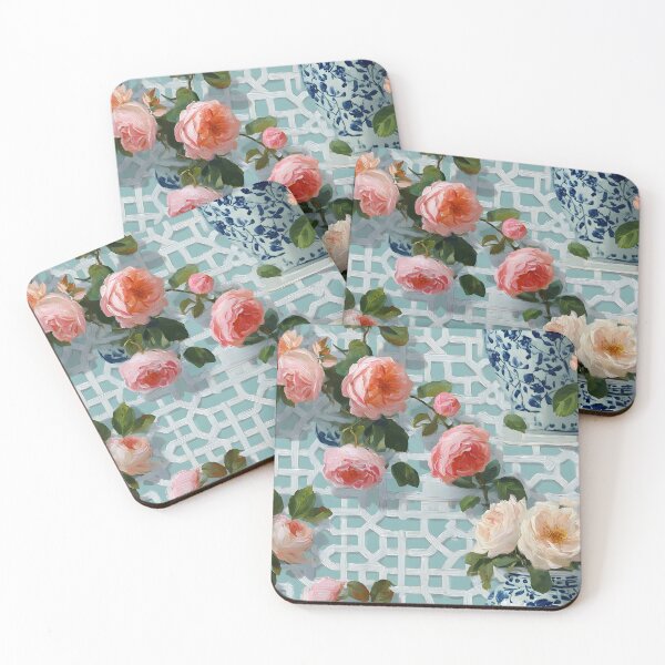 Item preview, Grandmillennial Tea roses and ginger jars on chinoiserie lattice designed and sold by SophieClimaArt.
