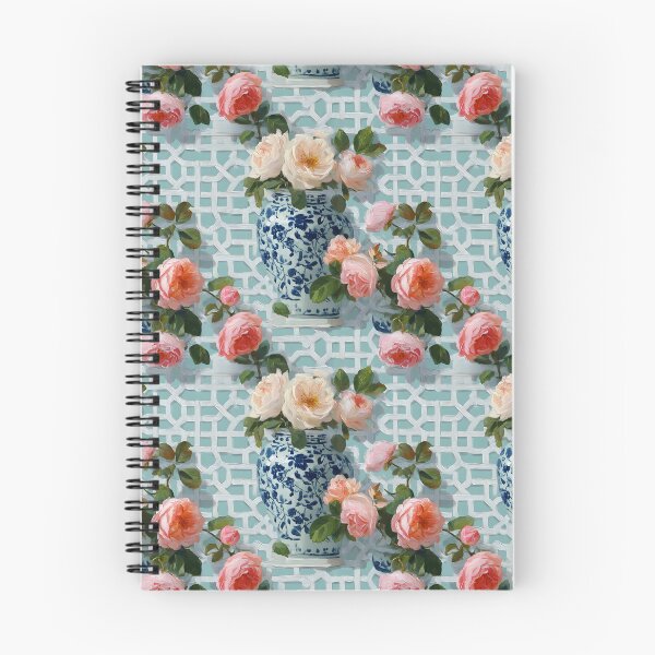 Item preview, Grandmillennial Tea roses and ginger jars on chinoiserie lattice designed and sold by SophieClimaArt.