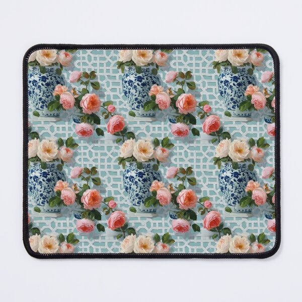 Item preview, Grandmillennial Tea roses and ginger jars on chinoiserie lattice designed and sold by SophieClimaArt.