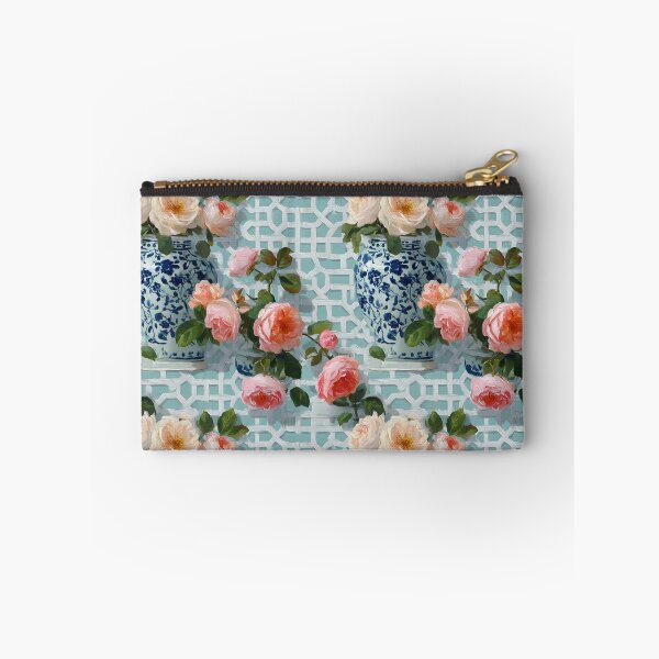 Item preview, Grandmillennial Tea roses and ginger jars on chinoiserie lattice designed and sold by SophieClimaArt.