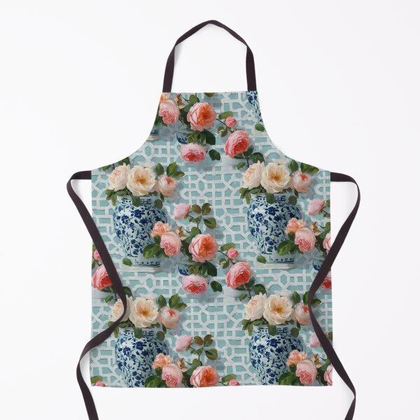 Item preview, Grandmillennial Tea roses and ginger jars on chinoiserie lattice designed and sold by SophieClimaArt.