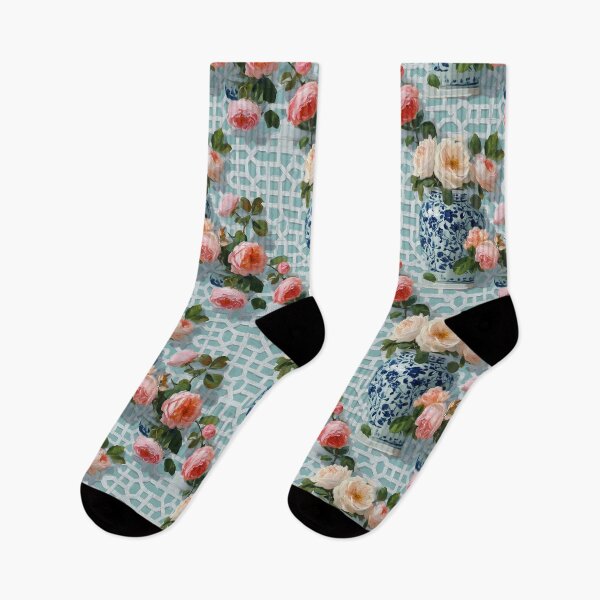 Item preview, Grandmillennial Tea roses and ginger jars on chinoiserie lattice designed and sold by SophieClimaArt.