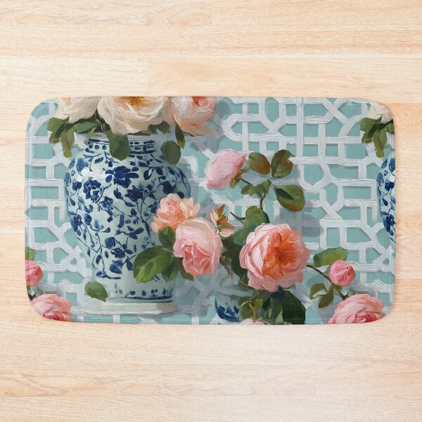 Item preview, Grandmillennial Tea roses and ginger jars on chinoiserie lattice designed and sold by SophieClimaArt.