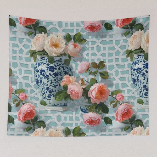 Item preview, Grandmillennial Tea roses and ginger jars on chinoiserie lattice designed and sold by SophieClimaArt.