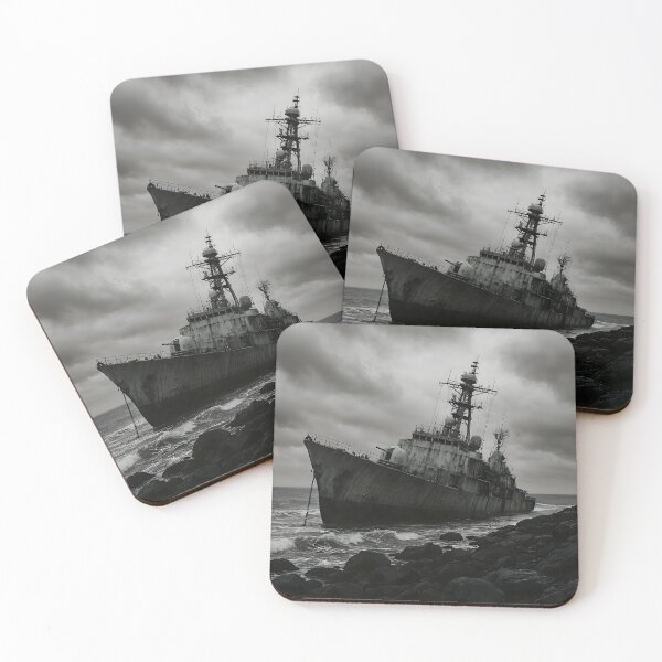 Item preview, Beached Warship In Stormy Black and White Seascape designed and sold by PandaTShirtShop.