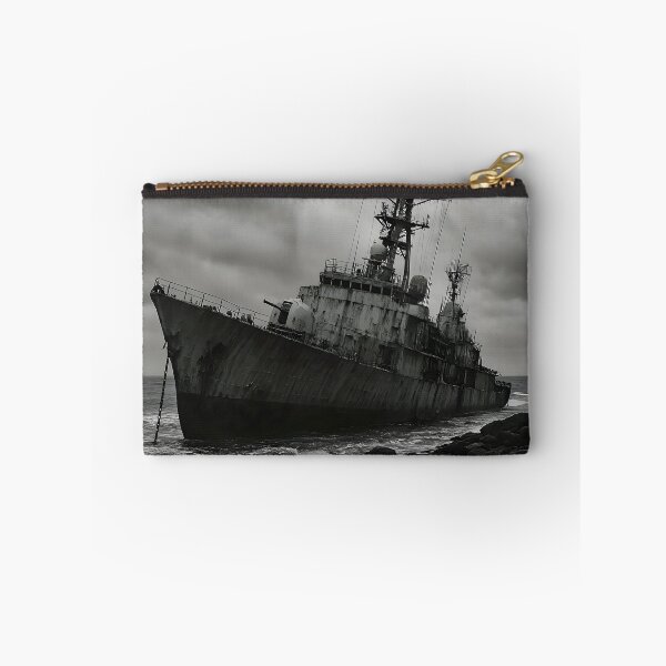 Item preview, Beached Warship In Stormy Black and White Seascape designed and sold by PandaTShirtShop.