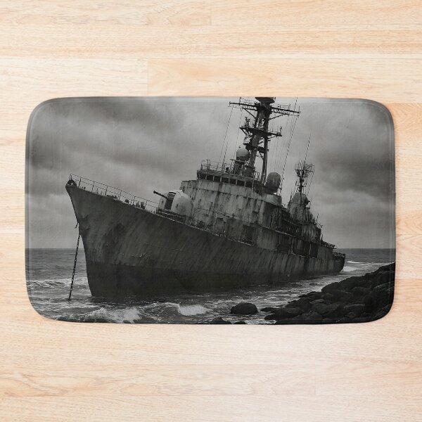 Item preview, Beached Warship In Stormy Black and White Seascape designed and sold by PandaTShirtShop.