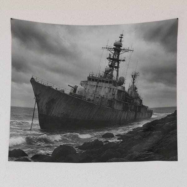 Item preview, Beached Warship In Stormy Black and White Seascape designed and sold by PandaTShirtShop.
