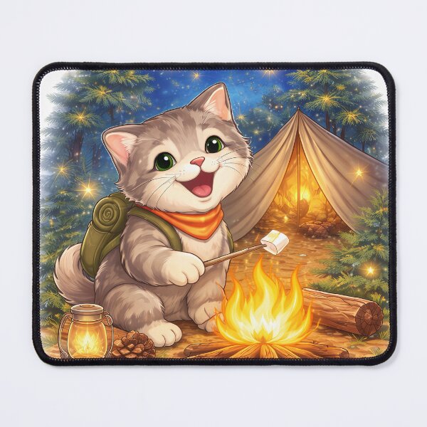 Item preview, Cozy Camping Cat by the Campfire – Cute Adventure Kitty Illustration designed and sold by Furfolkz.