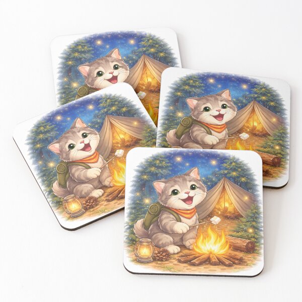 Item preview, Cozy Camping Cat by the Campfire – Cute Adventure Kitty Illustration designed and sold by Furfolkz.