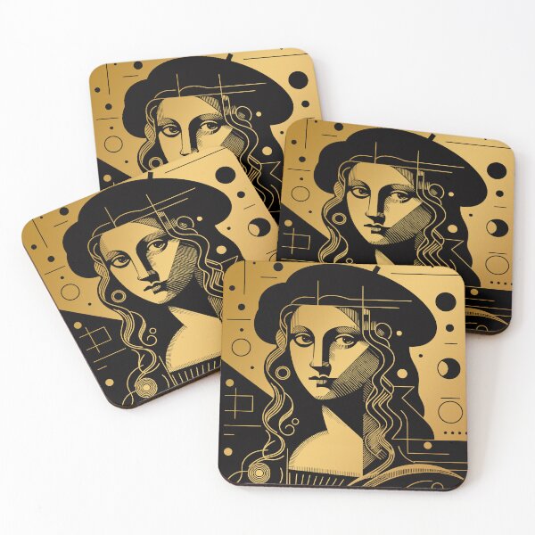Item preview, La Joconde or abstract ancient historical woman portrait with geometric patterns and lines, in gold and black designed and sold by 4Seasons.