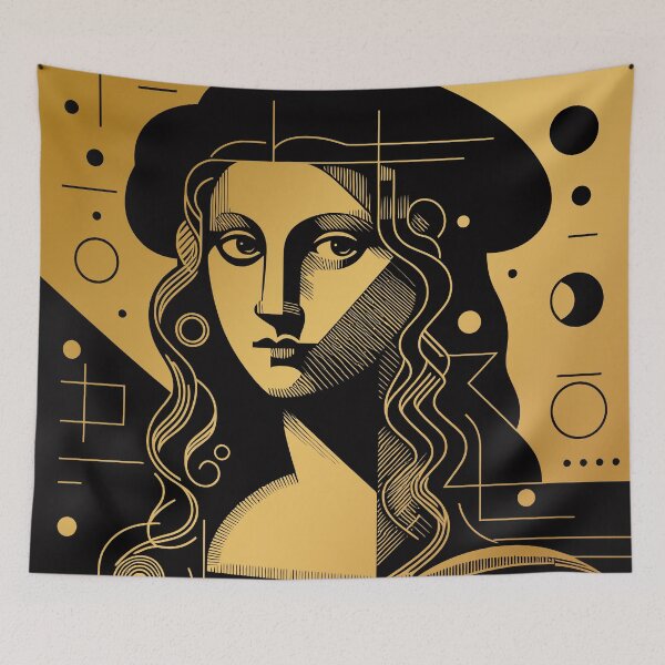 Item preview, La Joconde or abstract ancient historical woman portrait with geometric patterns and lines, in gold and black designed and sold by 4Seasons.
