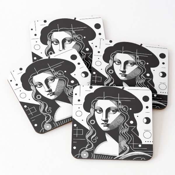 Item preview, La Joconde or abstract ancient historical woman portrait with geometric patterns and lines, in white and black designed and sold by 4Seasons.