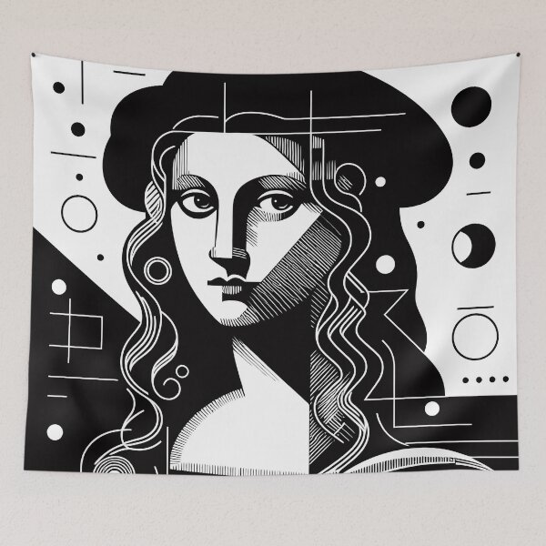 Item preview, La Joconde or abstract ancient historical woman portrait with geometric patterns and lines, in white and black designed and sold by 4Seasons.