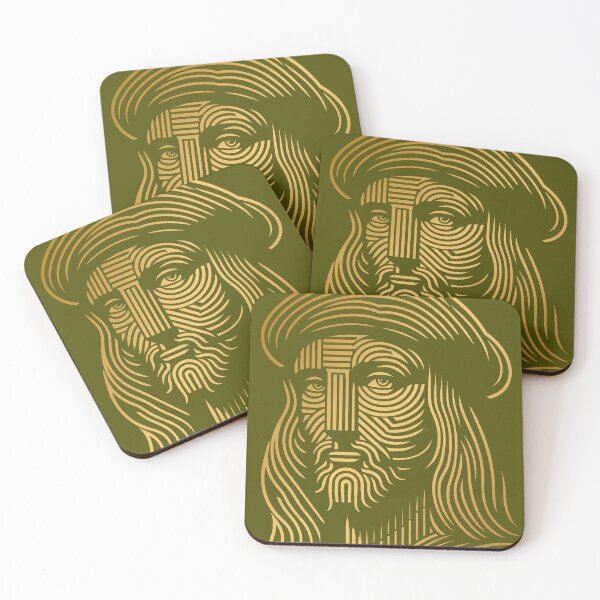 Item preview, Abstract line art portrait of Leonardo da Vinci, in gold and green designed and sold by 4Seasons.