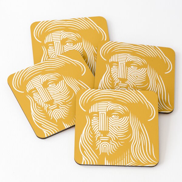 Item preview, Abstract line art portrait of Leonardo da Vinci, in white and orange designed and sold by 4Seasons.