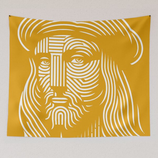Item preview, Abstract line art portrait of Leonardo da Vinci, in white and orange designed and sold by 4Seasons.