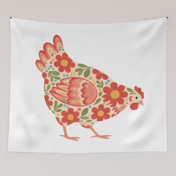 Item preview, Floral Chicken in Red and Orange – Scandinavian Folk Art by heidiannemorris © designed and sold by FOLK ART FUSION by heidiannemorris.