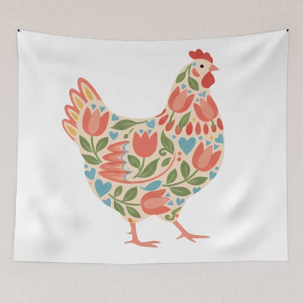 Item preview, Tulip Chicken with Blue Hearts – Scandinavian Folk Art by heidiannemorris © designed and sold by FOLK ART FUSION by heidiannemorris.
