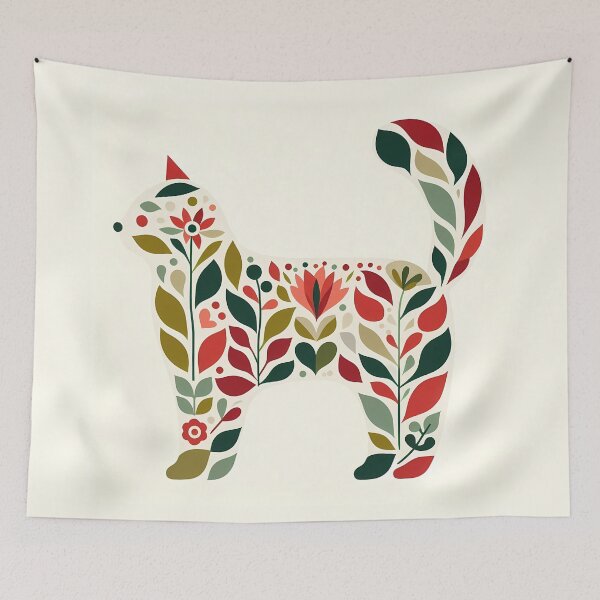 Item preview, Leaf Cat with Folk Motifs – Scandinavian Folk Art by heidiannemorris © designed and sold by FOLK ART FUSION.