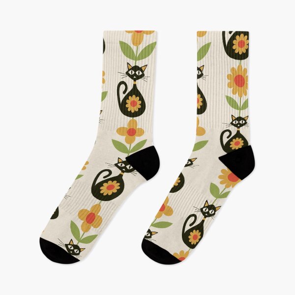 Item preview, Mid Century Black Atomic Cats With Mid Mod Mustard yellow flowers Pattern  designed and sold by Yasminepatterns .