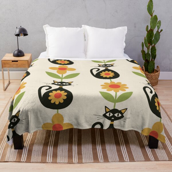 Item preview, Mid Century Black Atomic Cats With Mid Mod Mustard yellow flowers Pattern designed and sold by Yasminepatterns .