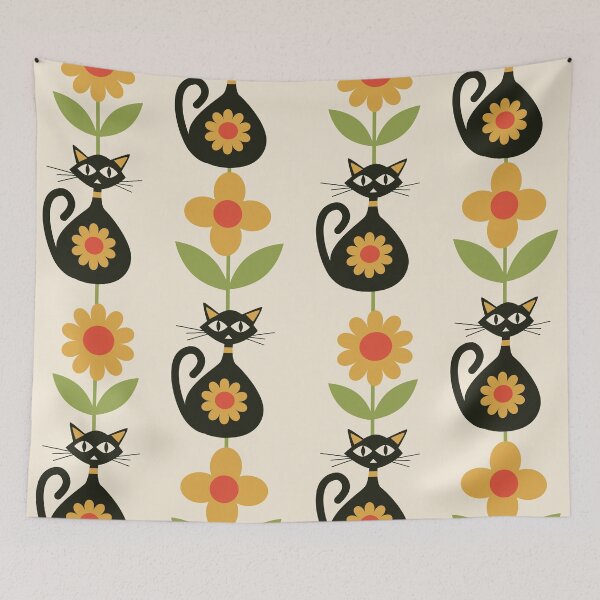 Item preview, Mid Century Black Atomic Cats With Mid Mod Mustard yellow flowers Pattern  designed and sold by Yasminepatterns .