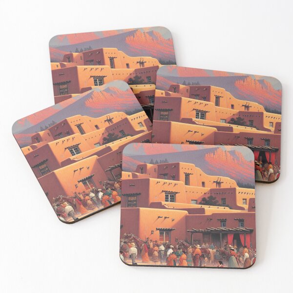 Item preview, Santa Fe New Mexico Ukiyo-e Japanese Woodblock Print Style Adobe Market Sunset Southwestern Desert Art designed and sold by Vandy Fullam.
