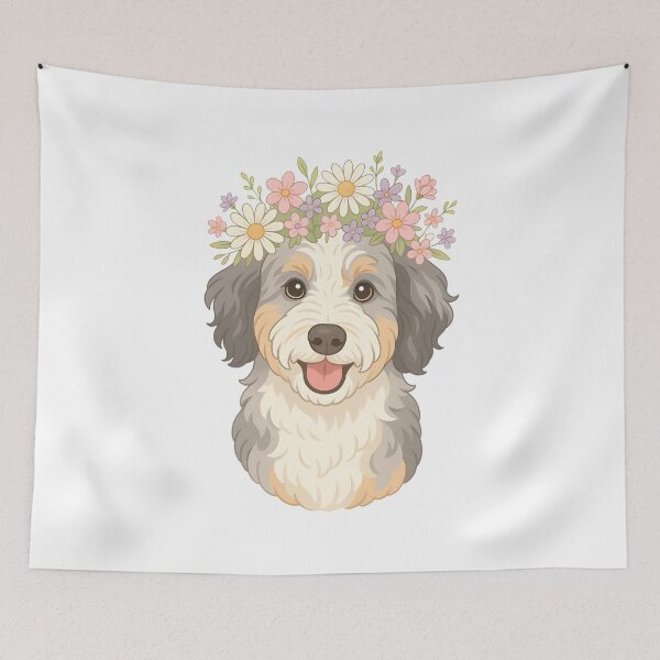 Item preview, Grey and White Sheepadoodle with Flower Crown - Spring Floral Dog designed and sold by Balasan.