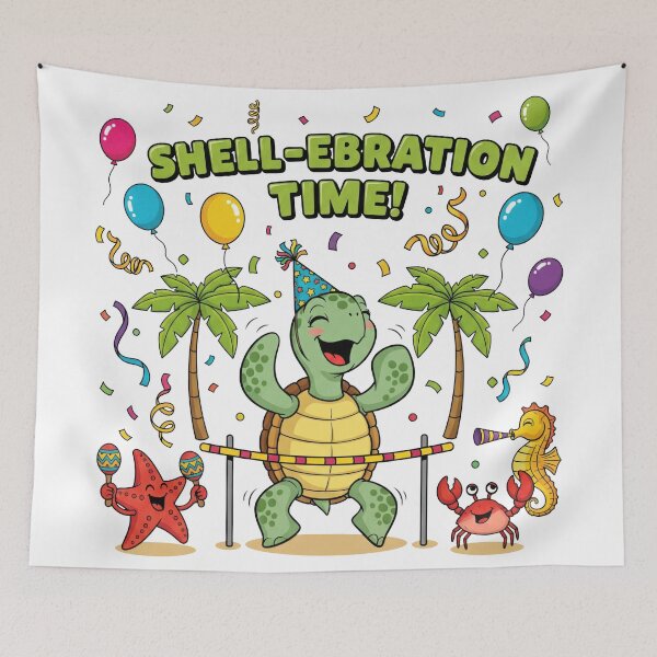 Item preview, white Shell-ebration Time Birthday Party Turtle with Balloons and Confetti designed and sold by zoughlal.