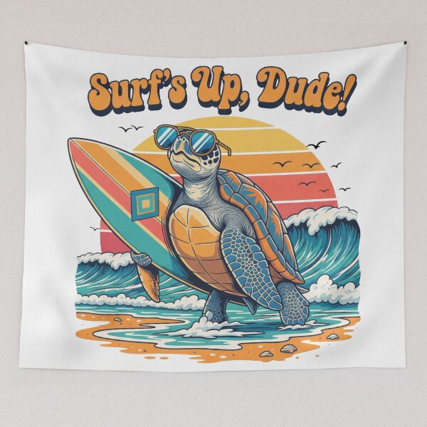 Item preview, white Surfs Up Dude Retro Sea Turtle Surfing with Vintage Sunset designed and sold by zoughlal.