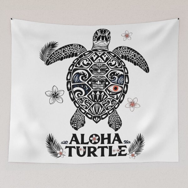 Item preview, white Aloha Turtle Polynesian Tribal Sea Turtle with Tiki and Plumeria Flowers designed and sold by zoughlal.