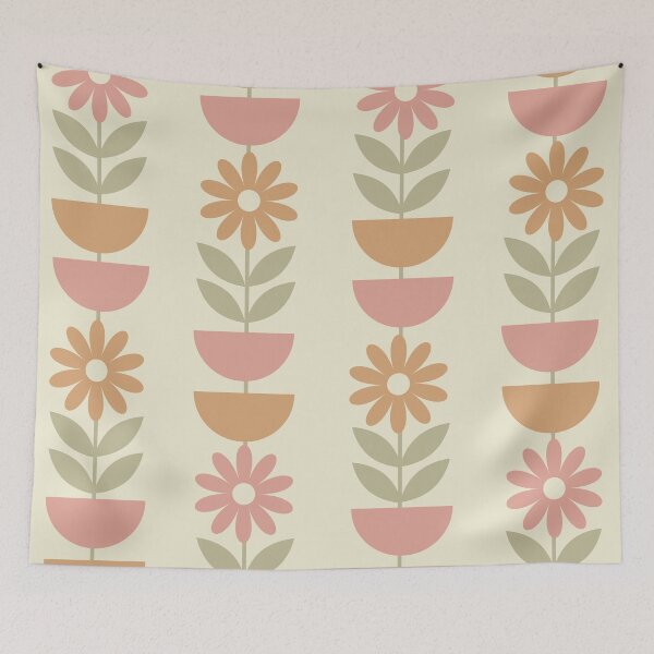 Item preview, Retro Mid Mod Flowers Pattern with half circles in dusty pink, clay and sage green  designed and sold by Yasminepatterns .