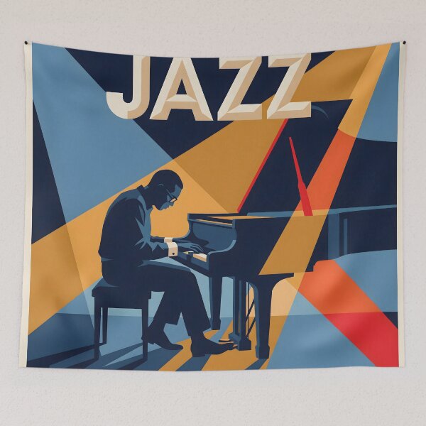 Item preview, Jazz Piano Player Poster Vintage Music Art Blue Gold Print designed and sold by AbstractAuraArt.