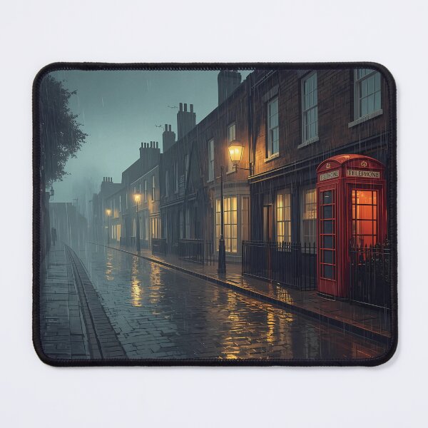 Item preview, Rainy British Street with Red Telephone Box – Vintage Wall Art designed and sold by Aileen404.