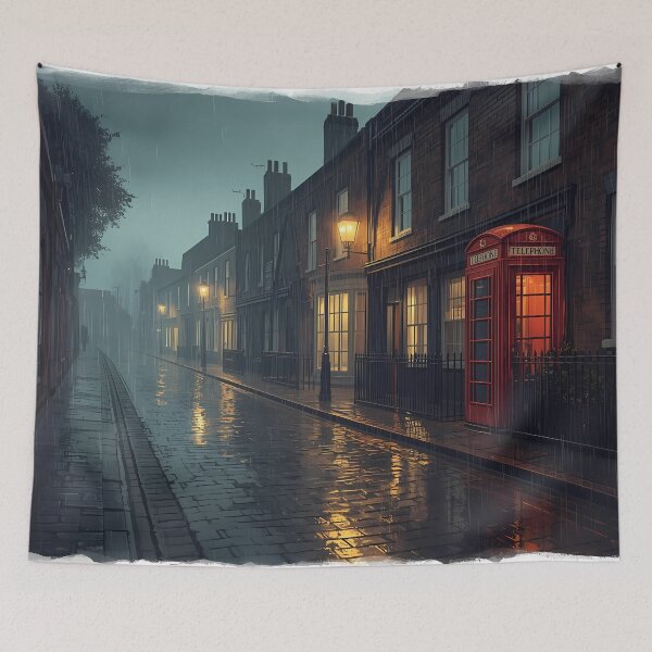 Item preview, Rainy British Street with Red Telephone Box – Vintage Wall Art designed and sold by Aileen404.