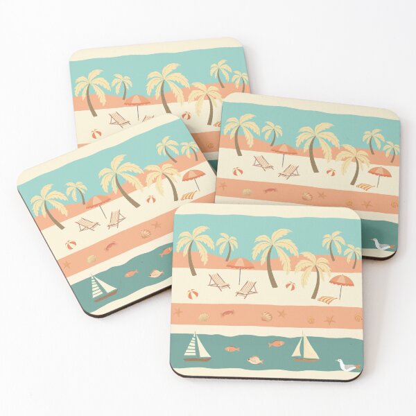 Item preview, Retro Beach with Palms Loungers Umbrellas Seashells Fish Pattern designed and sold by UnhingedBird.