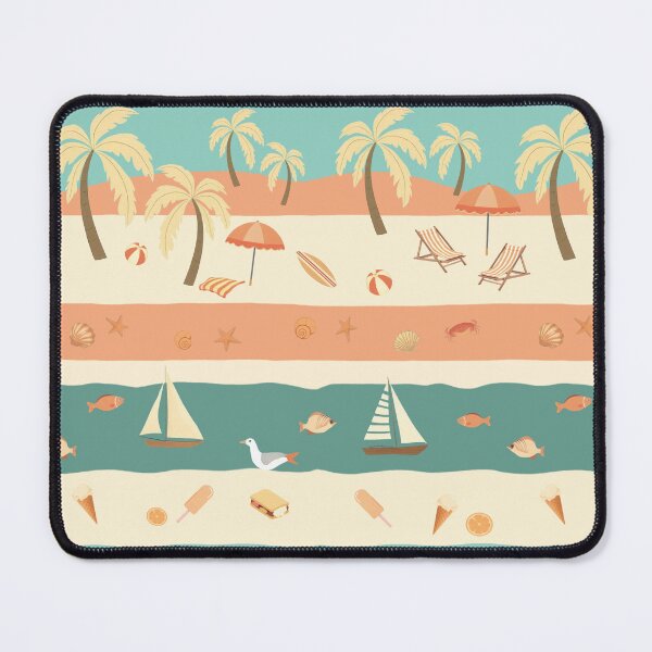 Item preview, Retro Beach with Palms Loungers Umbrellas Seashells Fish Pattern designed and sold by UnhingedBird.